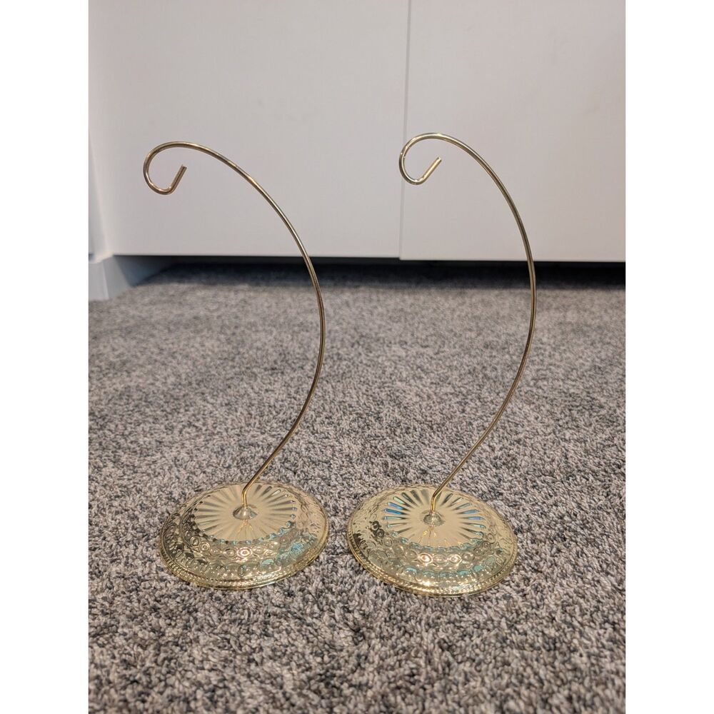 Set of 2 Gold Ornament Display Stands 10" Hanger Hook Embossed Base Felt Pad